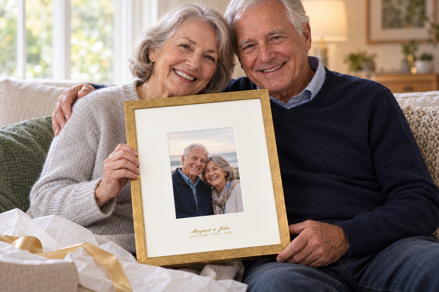 Couple holding their golden anniversary photo frame with their names printed on the mount