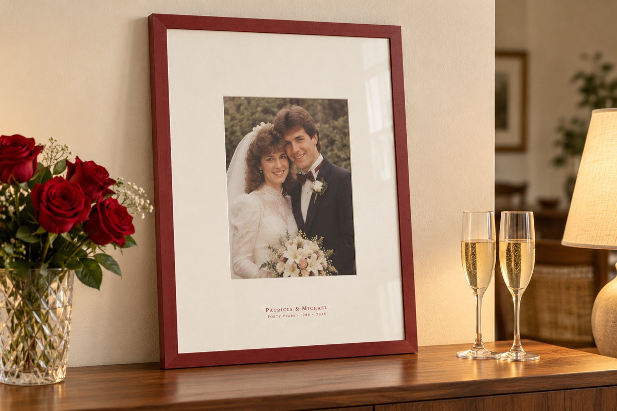 Red wood frame with a couple's names printed in ruby-red ink on the mount