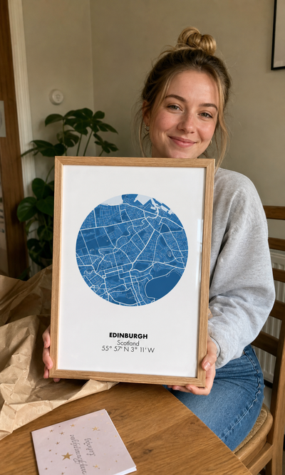 Customer holding a circular blue personalised Edinburgh map