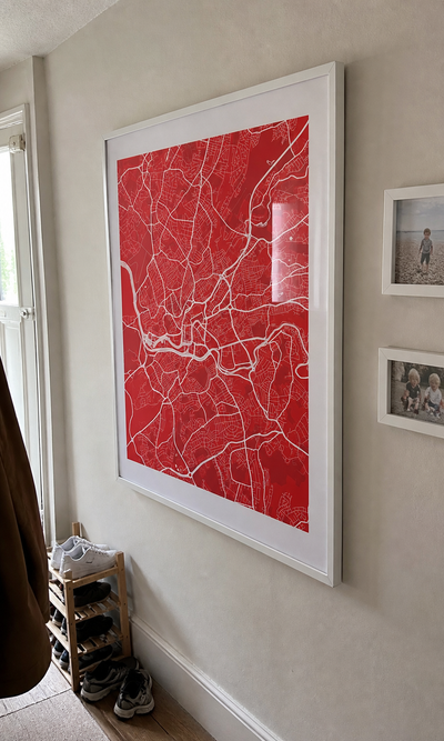 Red personalised Bristol map displayed in a customer's hallway