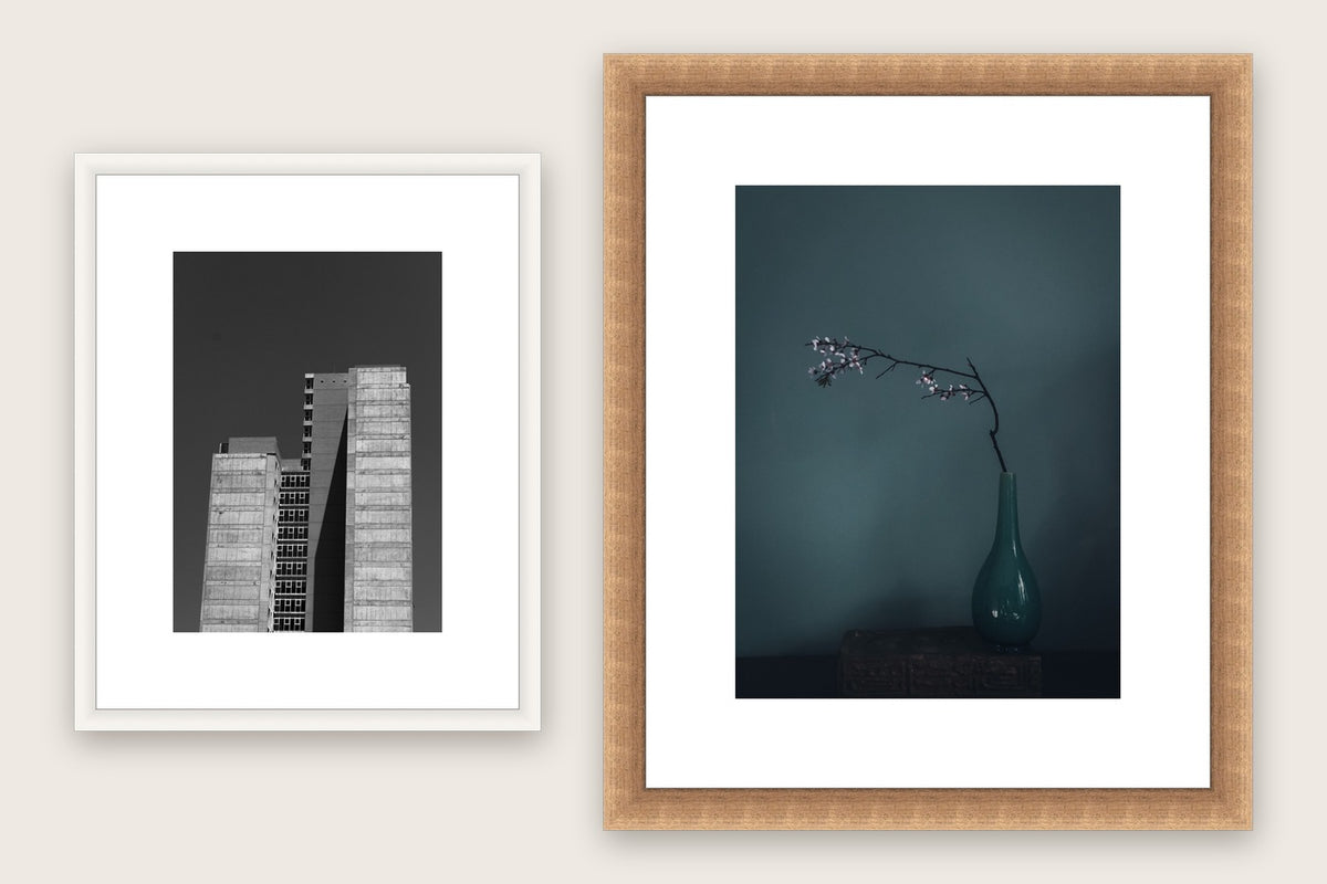 Two made-to-measure frames with deep mount boards — a white wood A4 and a bronze 30x40cm