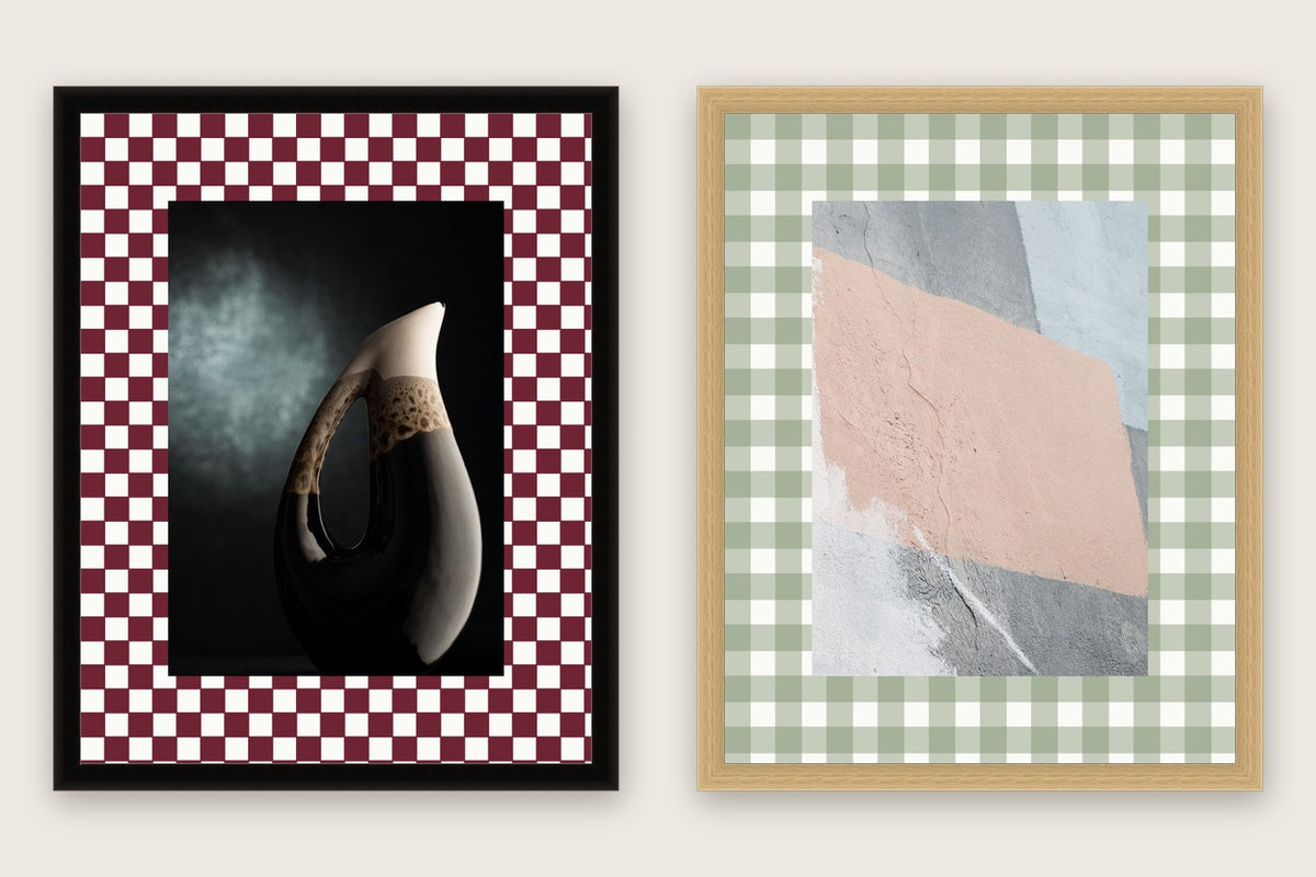 Premium patterned mount boards — burgundy check and sage gingham — cut to fit two framed prints