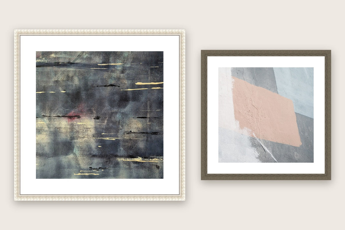 Square frames at 40cm and 30cm with mount boards, in white bobbin and grey wood