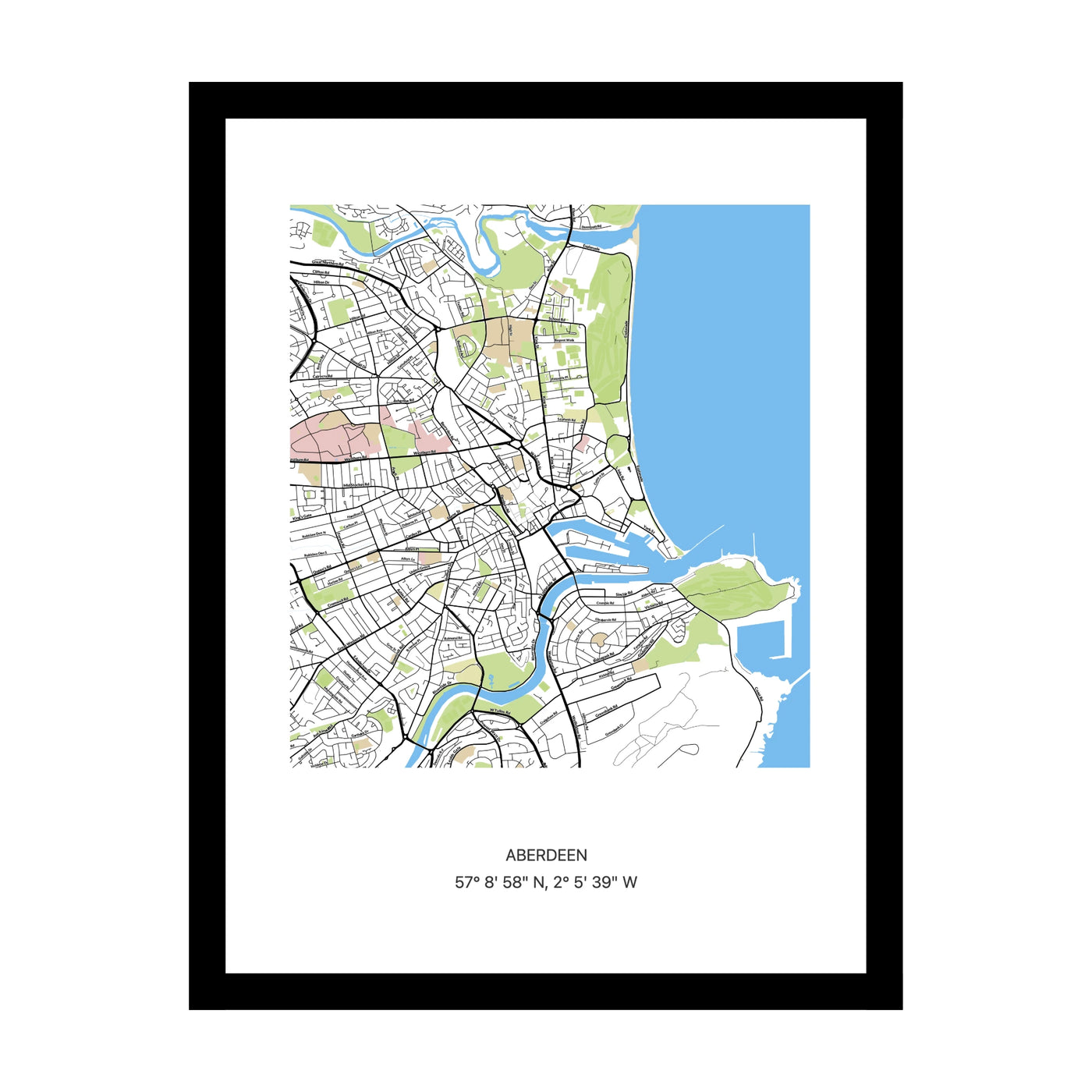 Framed personalised street map print of Aberdeen