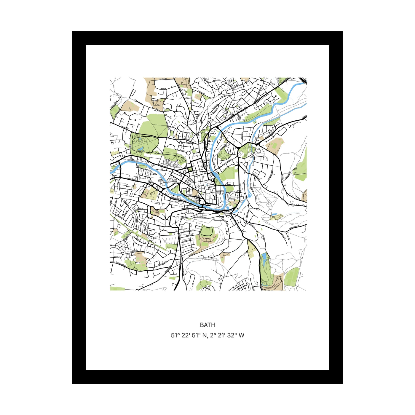 Framed personalised street map print of Bath