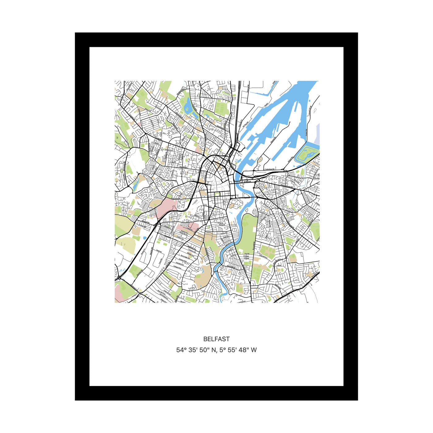 Framed personalised street map print of Belfast