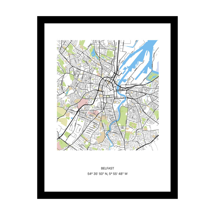 Framed personalised street map print of Belfast