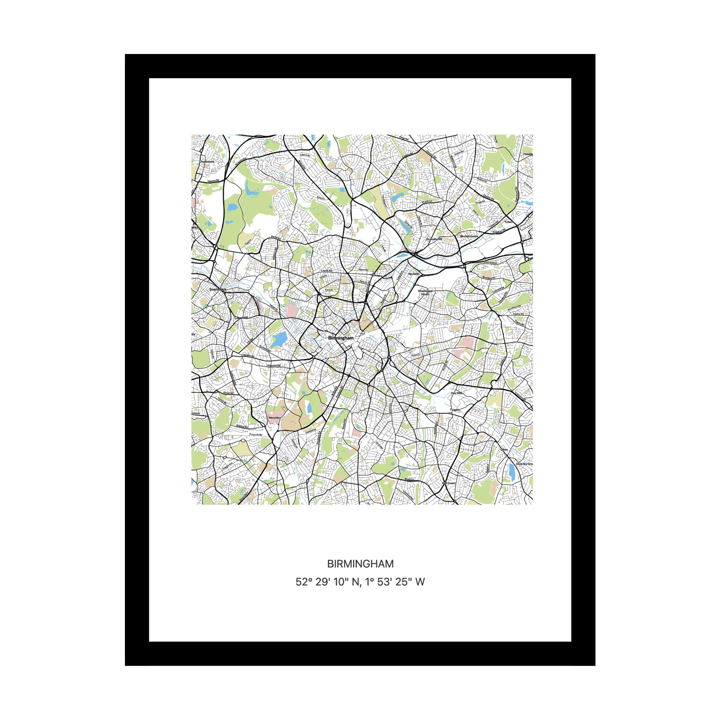 Framed personalised street map print of Birmingham
