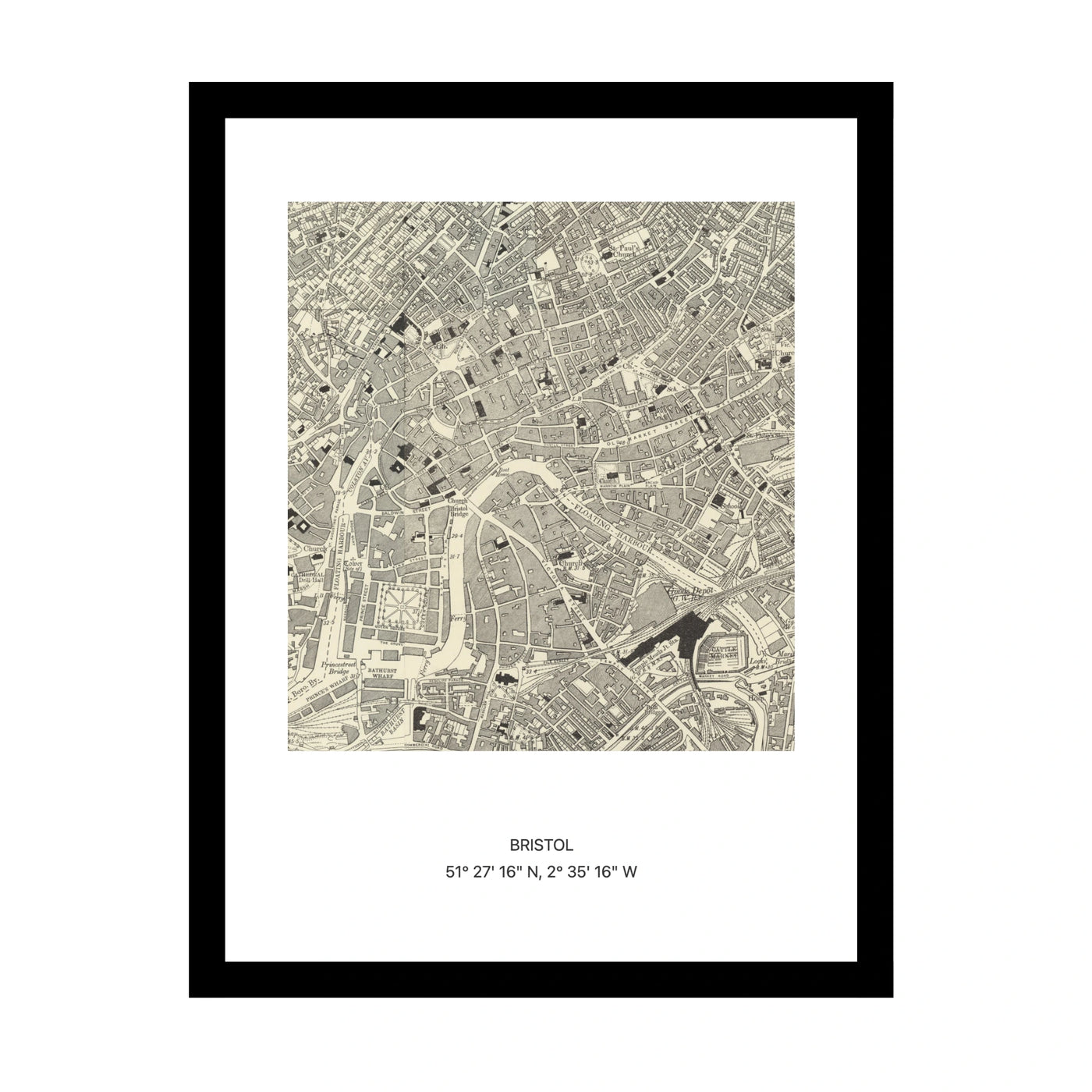 Framed vintage Ordnance Survey map print of Bristol (1888)