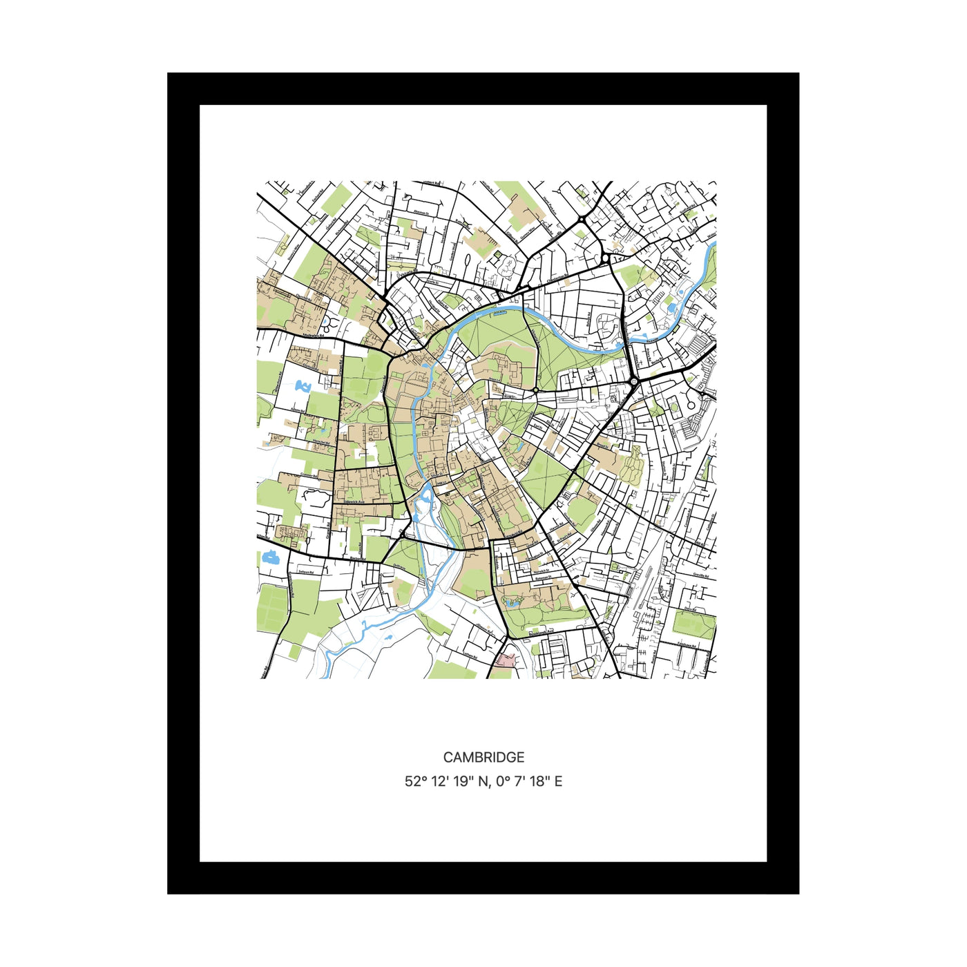 Framed personalised street map print of Cambridge