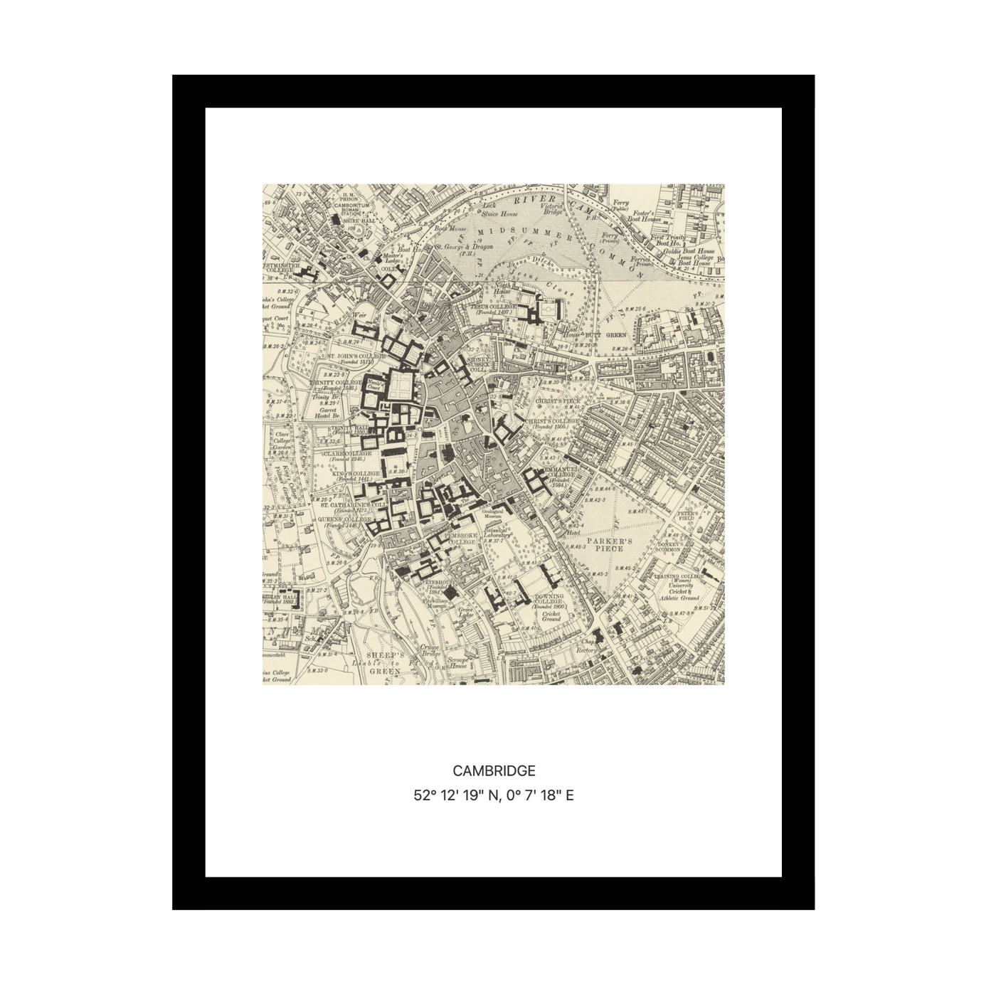 Framed vintage Ordnance Survey map print of Cambridge (1888)