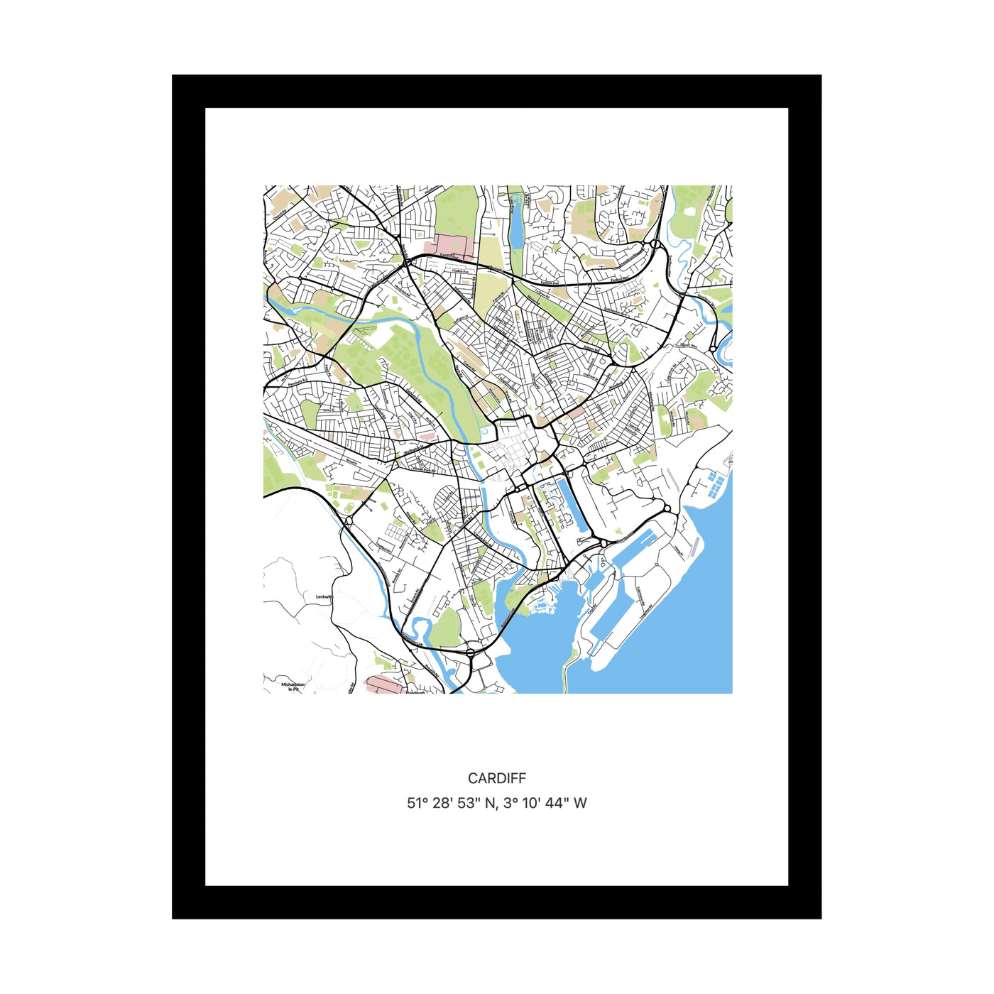 Framed personalised street map print of Cardiff