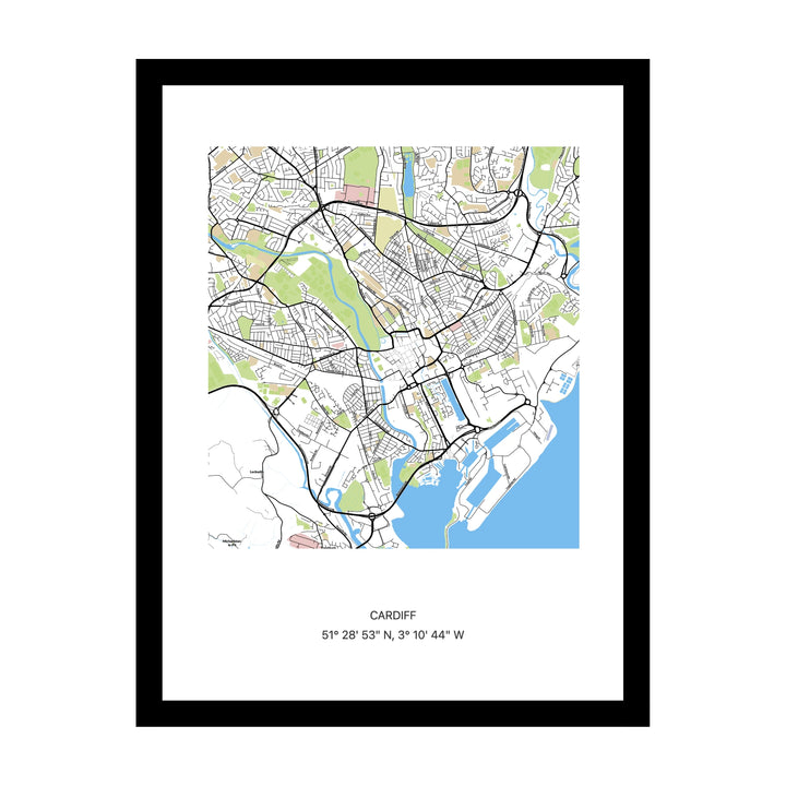 Framed personalised street map print of Cardiff