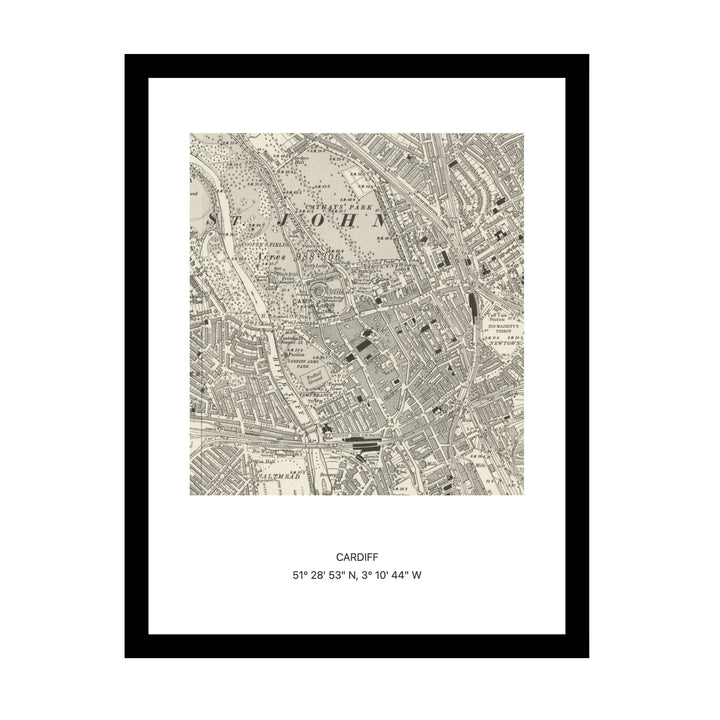 Framed vintage Ordnance Survey map print of Cardiff (1888)