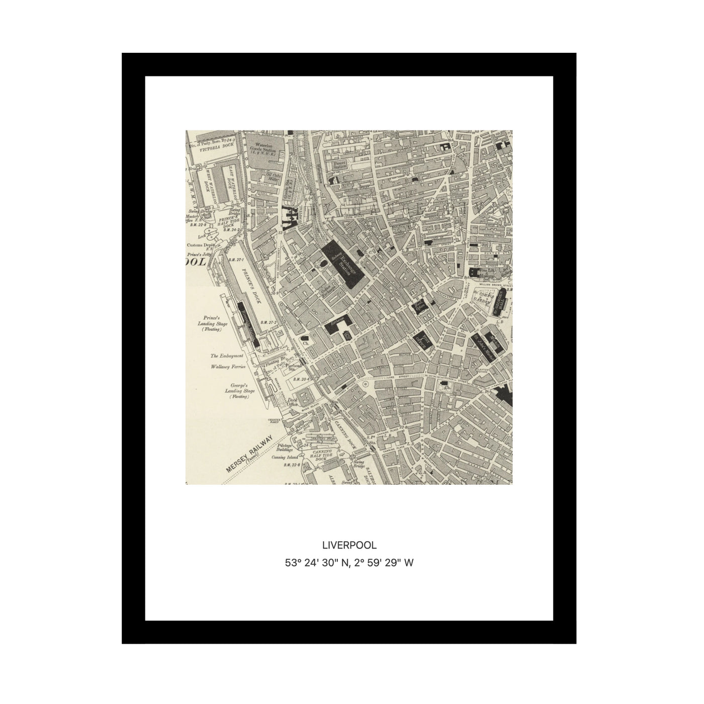Framed vintage Ordnance Survey map print of Liverpool (1888)