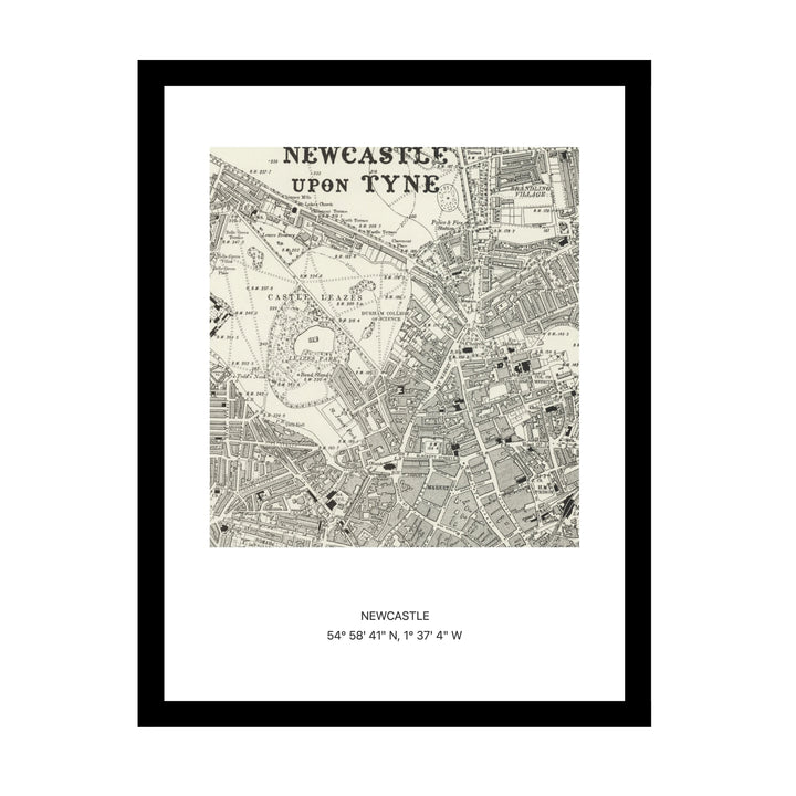 Framed vintage Ordnance Survey map print of Newcastle (1888)