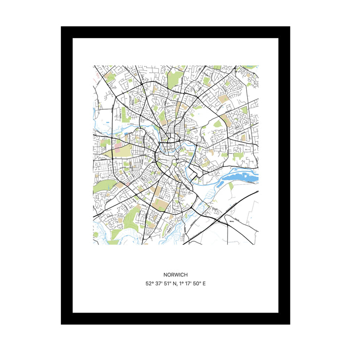 Framed personalised street map print of Norwich