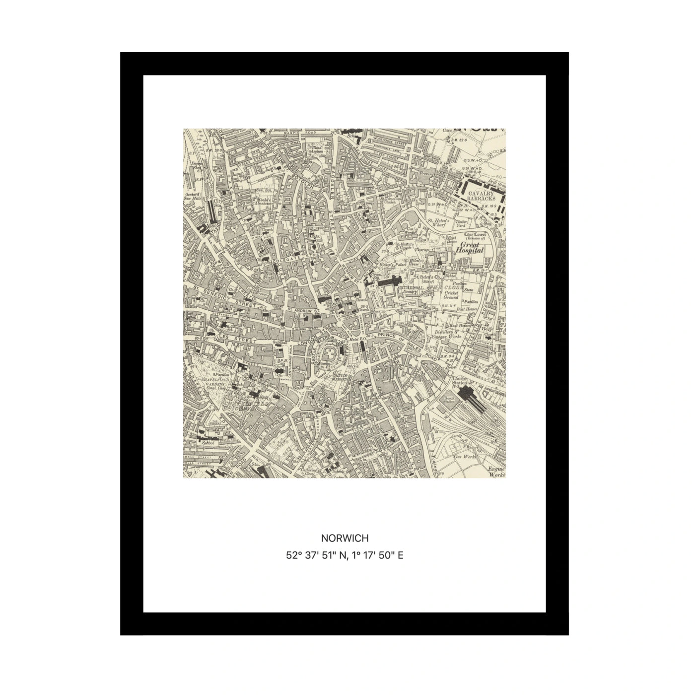 Framed vintage Ordnance Survey map print of Norwich (1888)