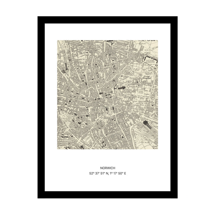 Framed vintage Ordnance Survey map print of Norwich (1888)