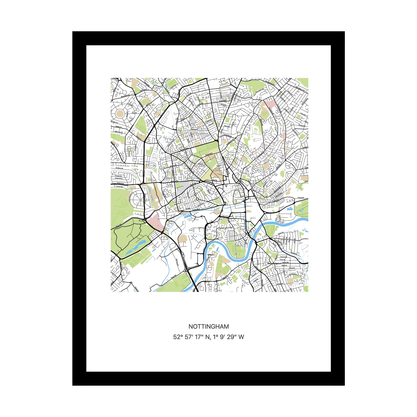 Framed personalised street map print of Nottingham