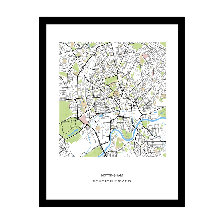 Framed personalised street map print of Nottingham