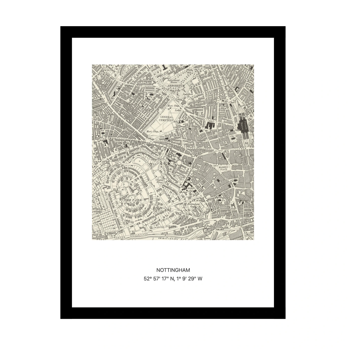 Framed vintage Ordnance Survey map print of Nottingham (1888)