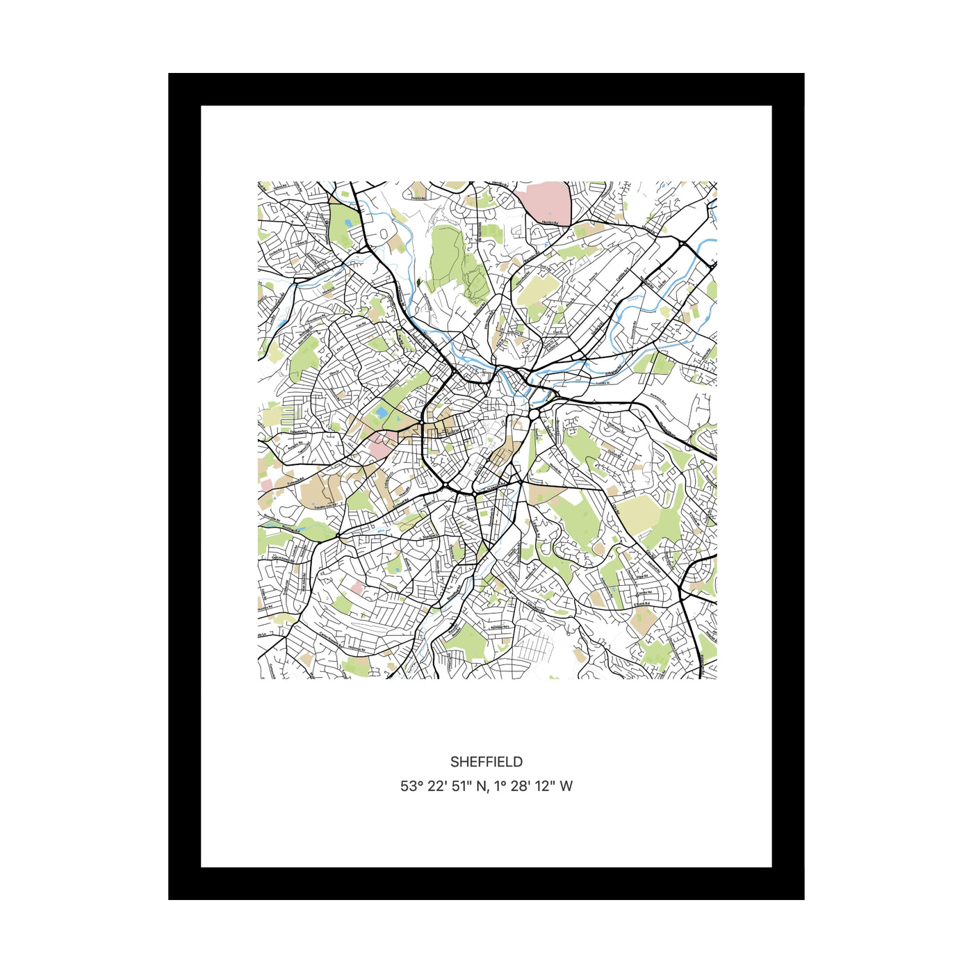 Framed personalised street map print of Sheffield