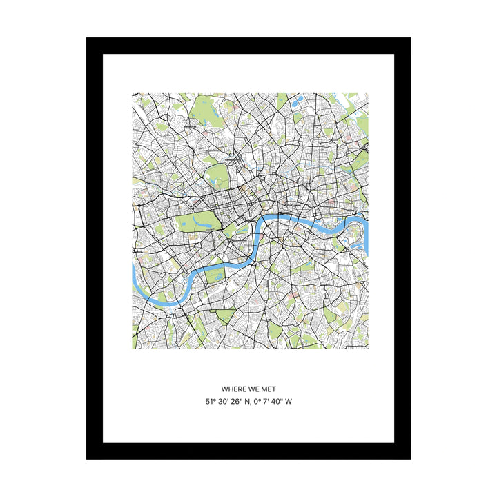 Framed personalised street map print of where we met