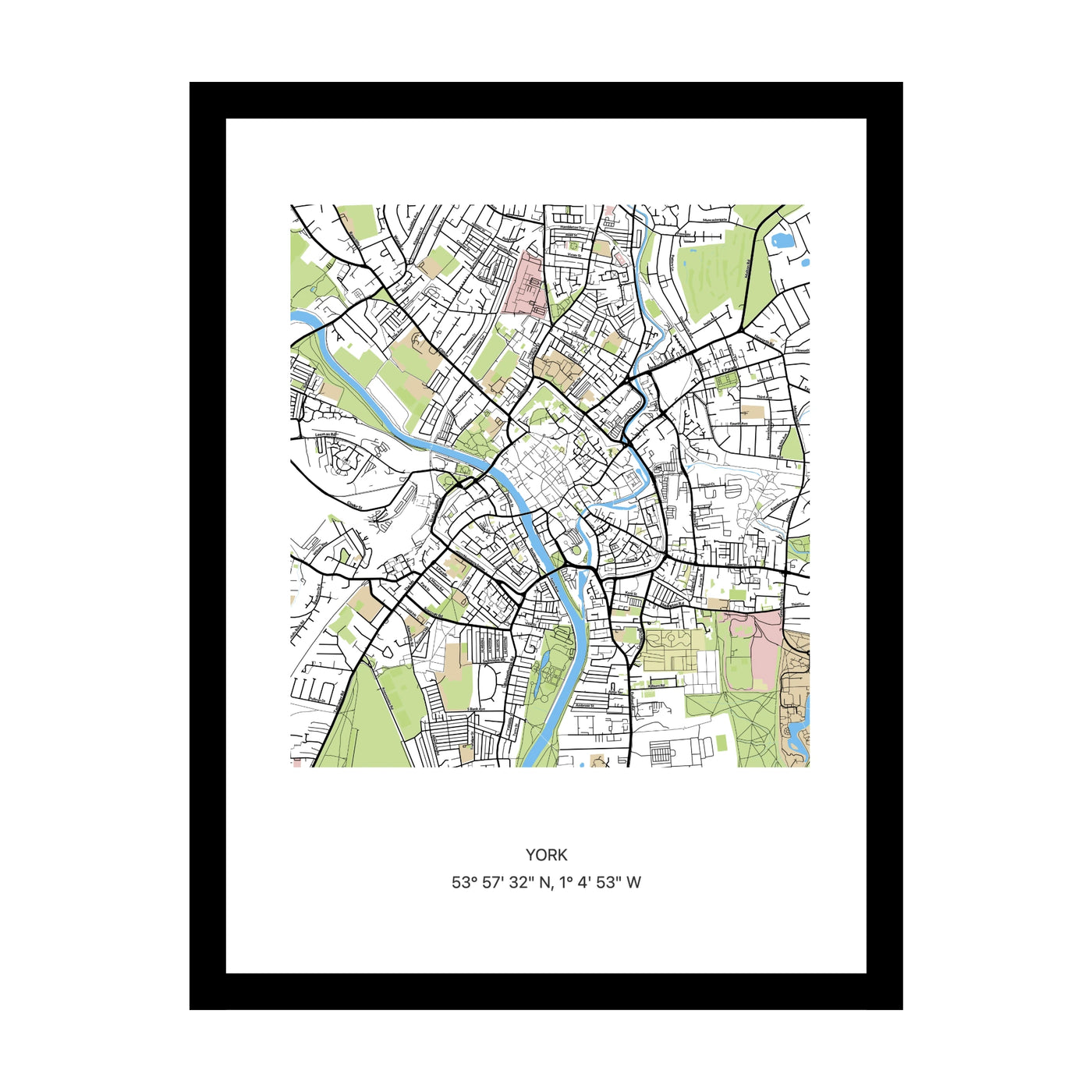 Framed personalised street map print of York