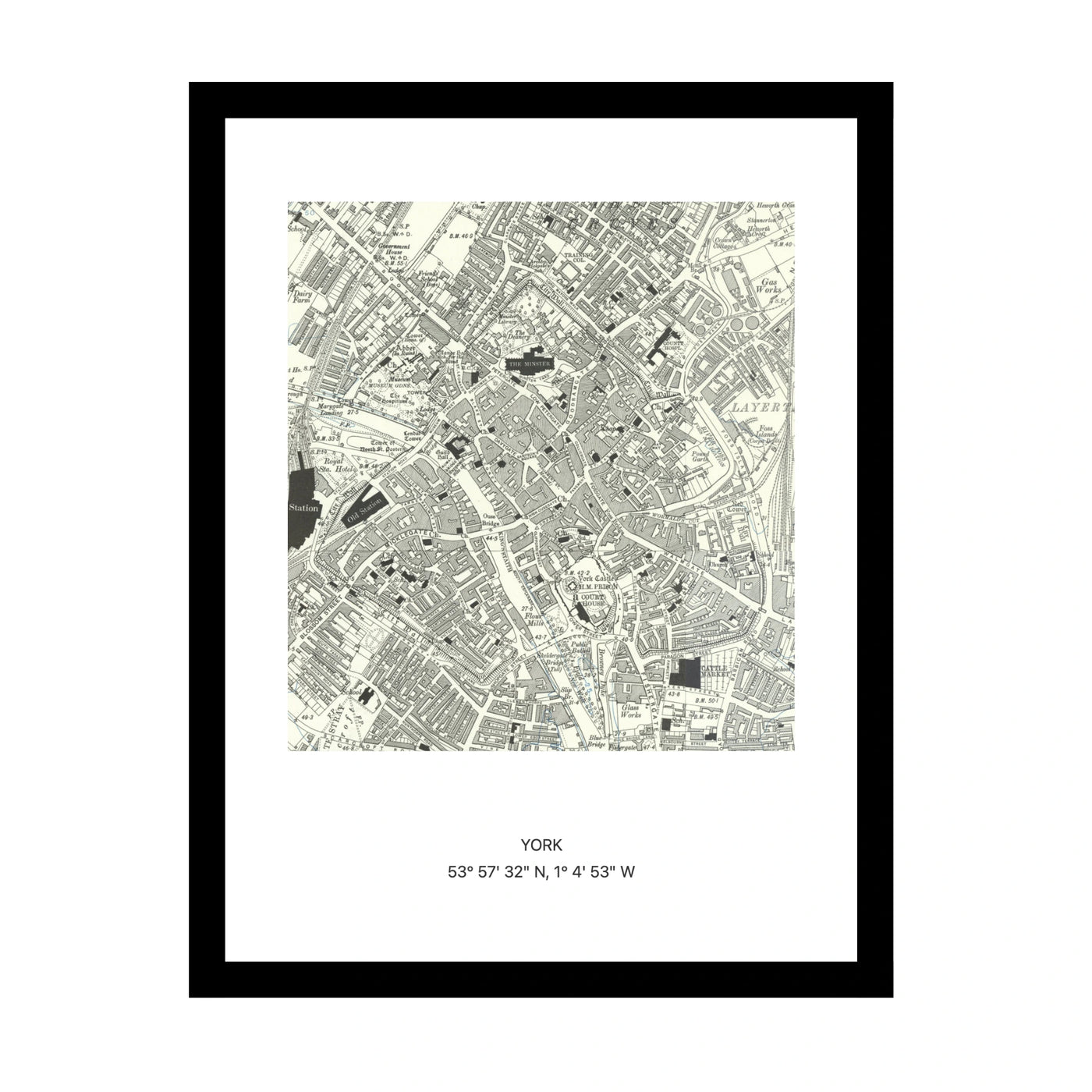 Framed vintage Ordnance Survey map print of York (1888)