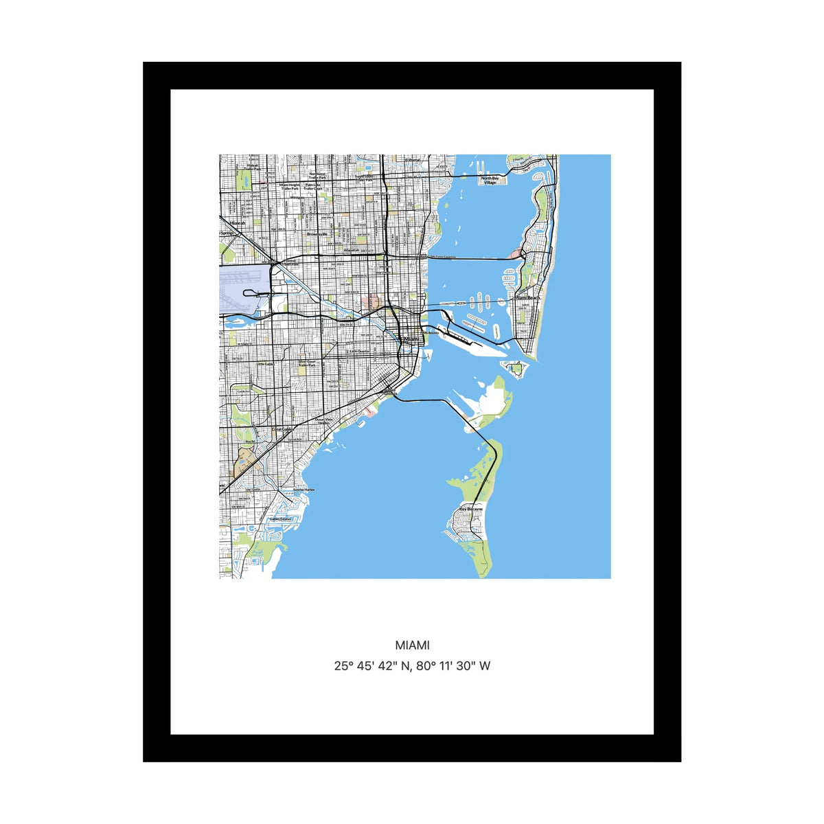 Framed personalised street map print of Miami