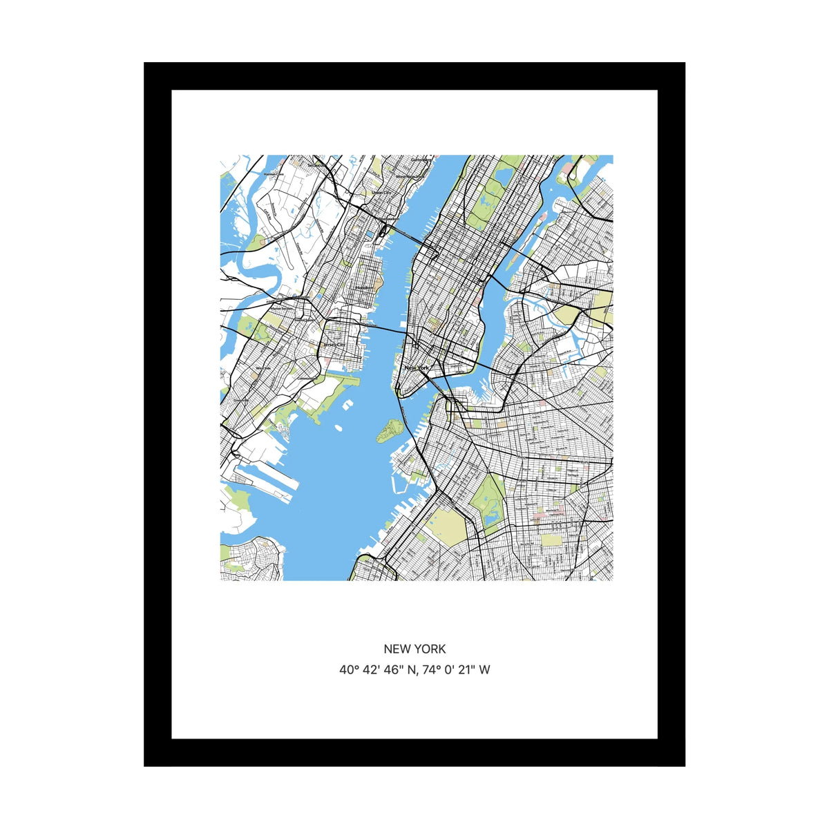 Framed personalised street map print of New York