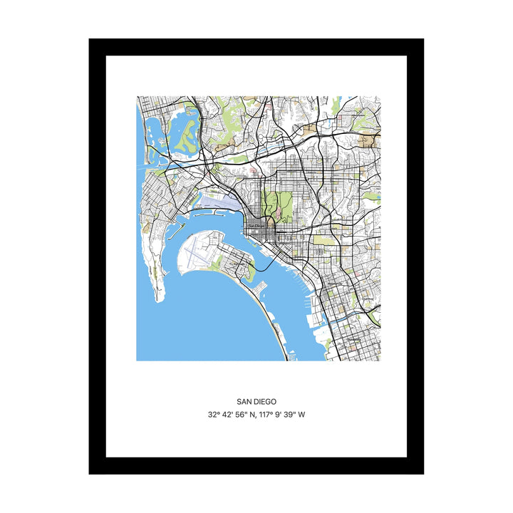 Framed personalised street map print of San Diego