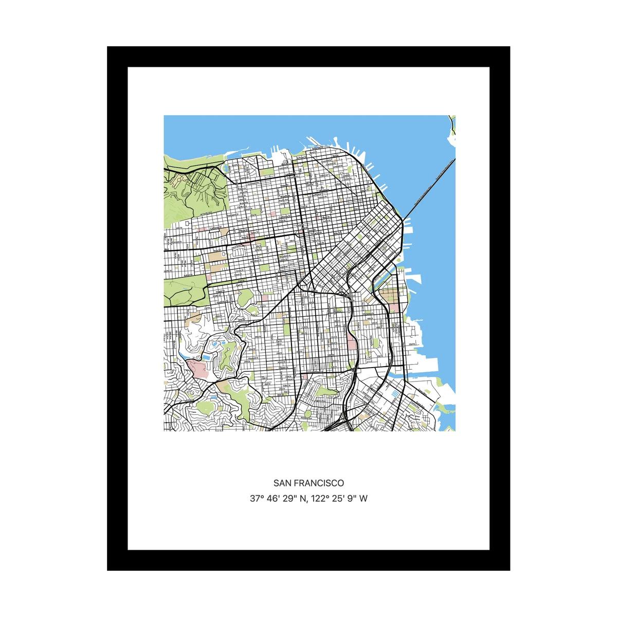 Framed personalised street map print of San Francisco