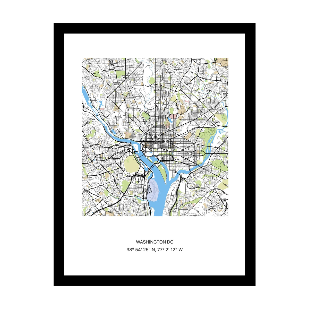 Framed personalised street map print of Washington DC