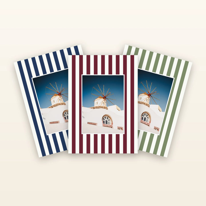Striped picture mounts in eight colours, each holding a photo