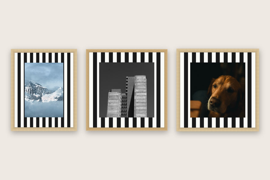 Three framed prints with vertical stripes premium mount boards cut to size — a-stripe-black