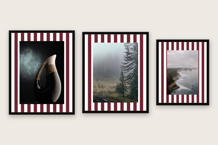 Three framed prints with vertical stripes premium mount boards cut to size — a-stripe-burgundy