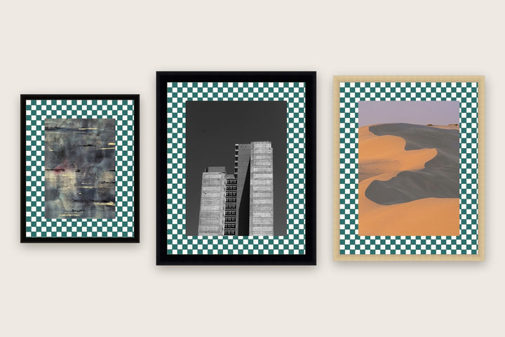 Three framed prints with a checkerboard premium mount boards cut to size — a-style-checkered