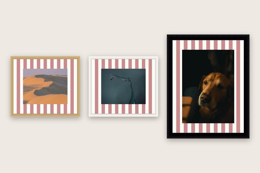 Three framed prints with vertical stripes premium mount boards cut to size — a-stripe-dusty-pink