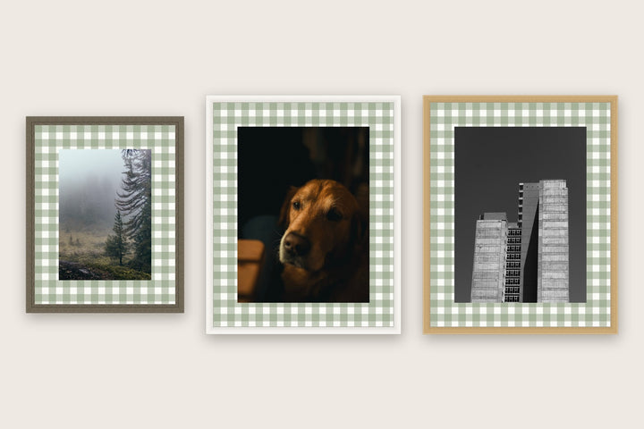 Three framed prints with gingham check premium mount boards cut to size — a-style-gingham