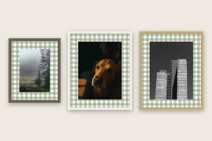 Three framed prints with gingham check premium mount boards cut to size — a-style-gingham