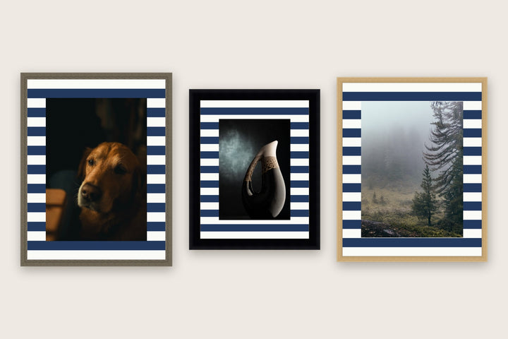 Three framed prints with horizontal stripes premium mount boards cut to size — a-style-horizontal