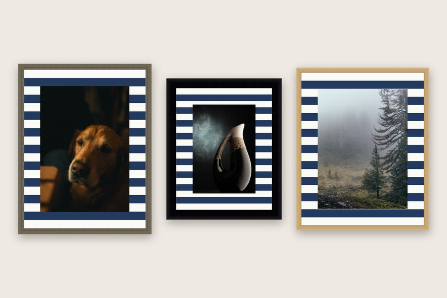Three framed prints with horizontal stripes premium mount boards cut to size — a-style-horizontal