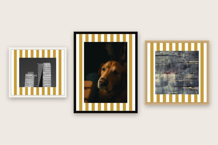 Three framed prints with vertical stripes premium mount boards cut to size — a-stripe-mustard