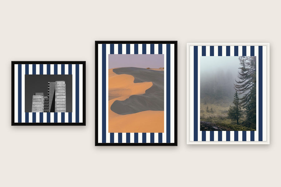 Three framed prints with vertical stripes premium mount boards cut to size — a-stripe-navy