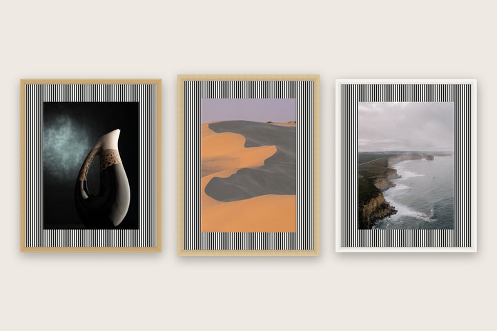 Three framed prints with fine 3mm pinstripes premium mount boards cut to size — a-style-pinstripe