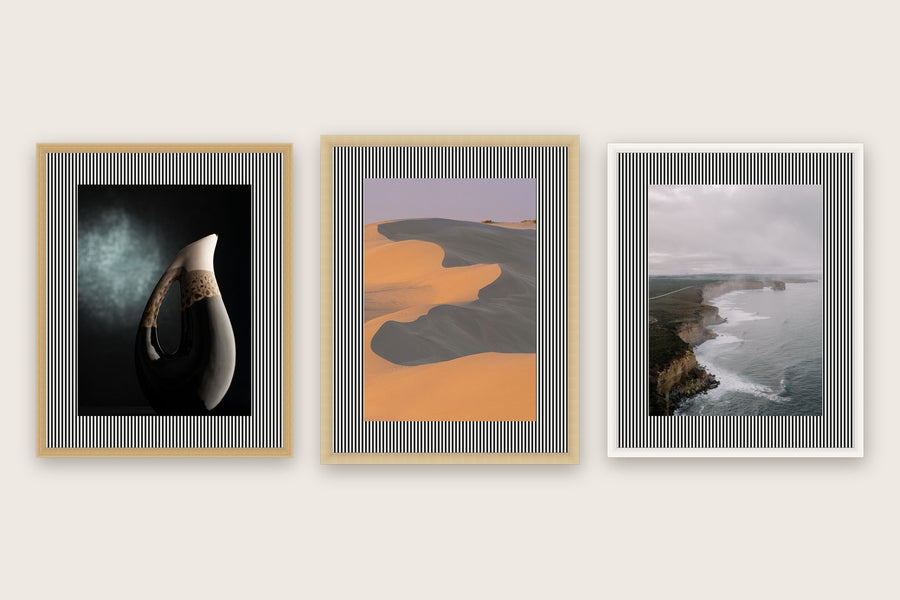Three framed prints with fine 3mm pinstripes premium mount boards cut to size — a-style-pinstripe