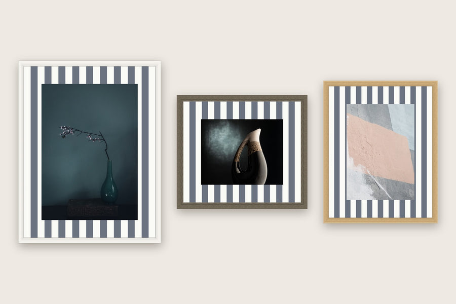Three framed prints with vertical stripes premium mount boards cut to size — a-stripe-slate-grey