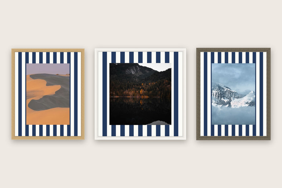Three framed prints with vertical stripes premium mount boards cut to size — a-hub-striped